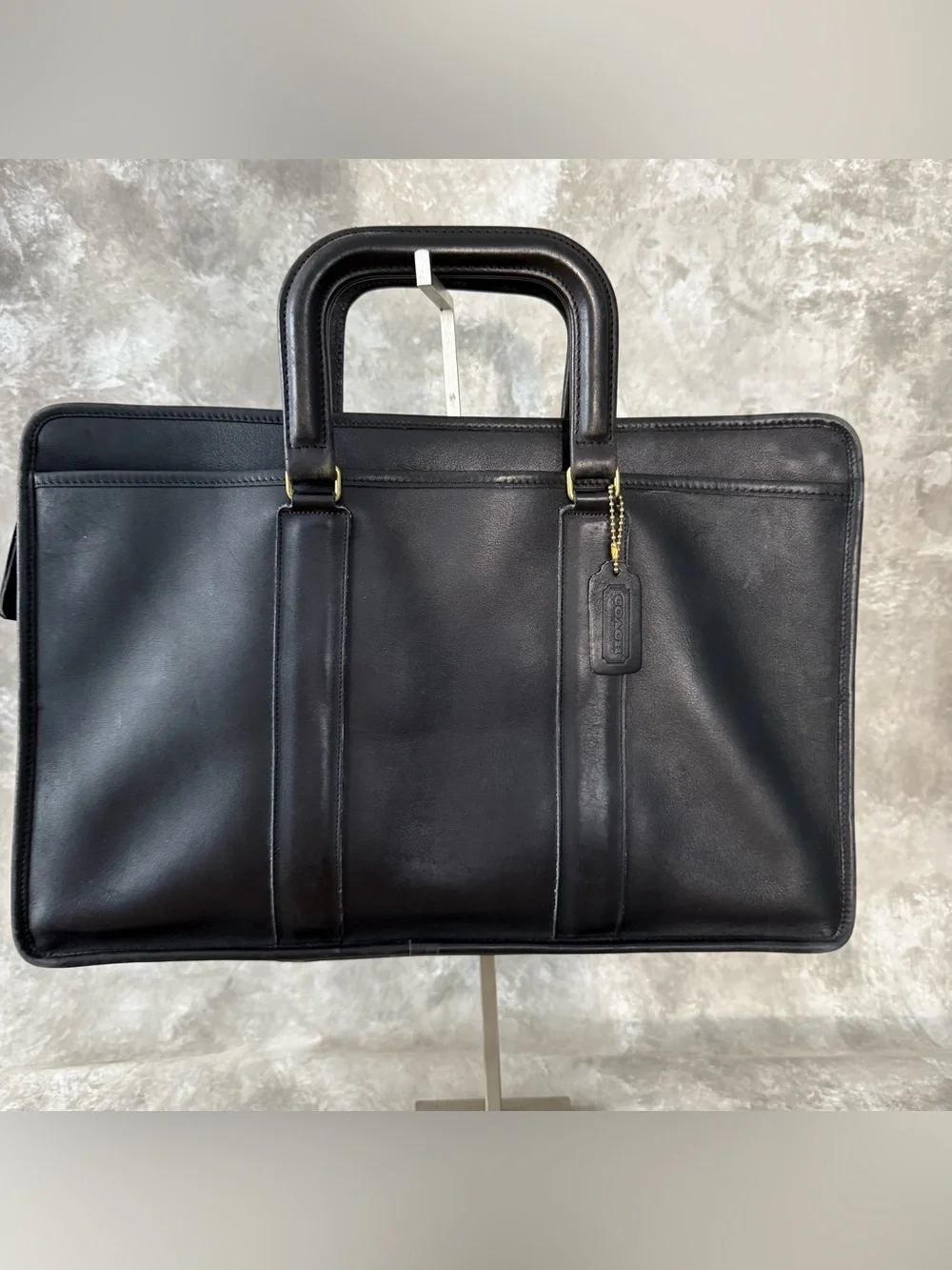 Vintage Coach Black Leather Briefcase with Top Handles and Tag (Love 28)